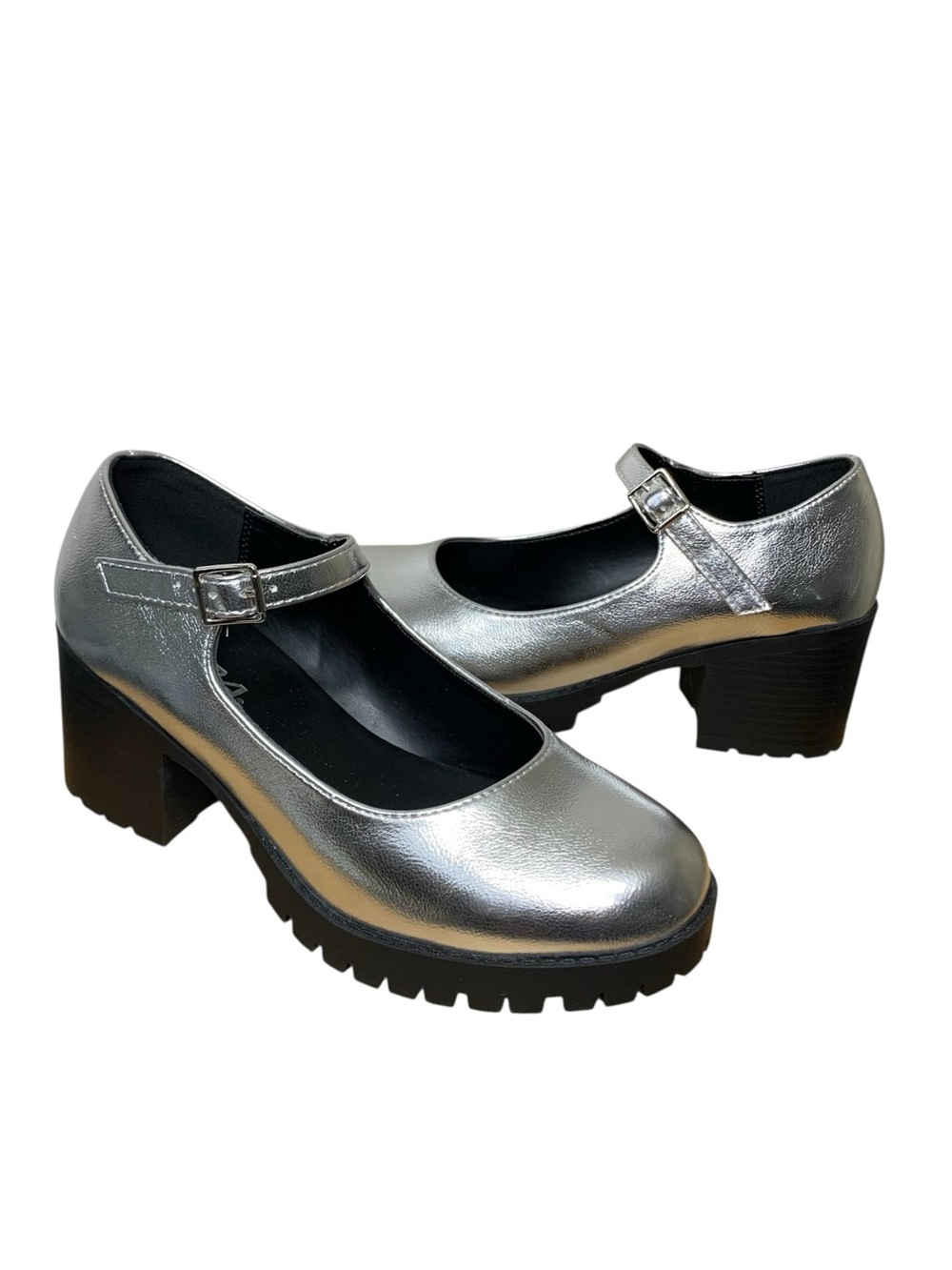 Soda Metallic Silver Chunky Mary Jane Block Heel Pumps 8 Bold Retro Style Shoes